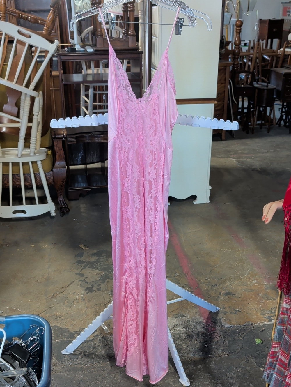 Vintage 80s 90s Val Mode Pink Satin Lace Long Nightgown Slip Dress Coquette